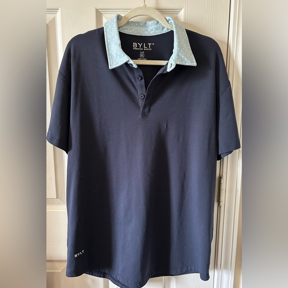 BYLT Mens Drop Cut Lux Polo Shirt Navy Blue Polka Dot Collar‎ Stretch Golf Sz XL